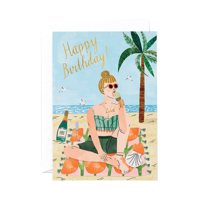 Greeting & Note Cards Wrap Bodil Jane Collection Single Card With Foil Happy Birthday Beach