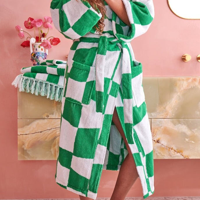 Towels Checkerboard Green Terry Hand Towel