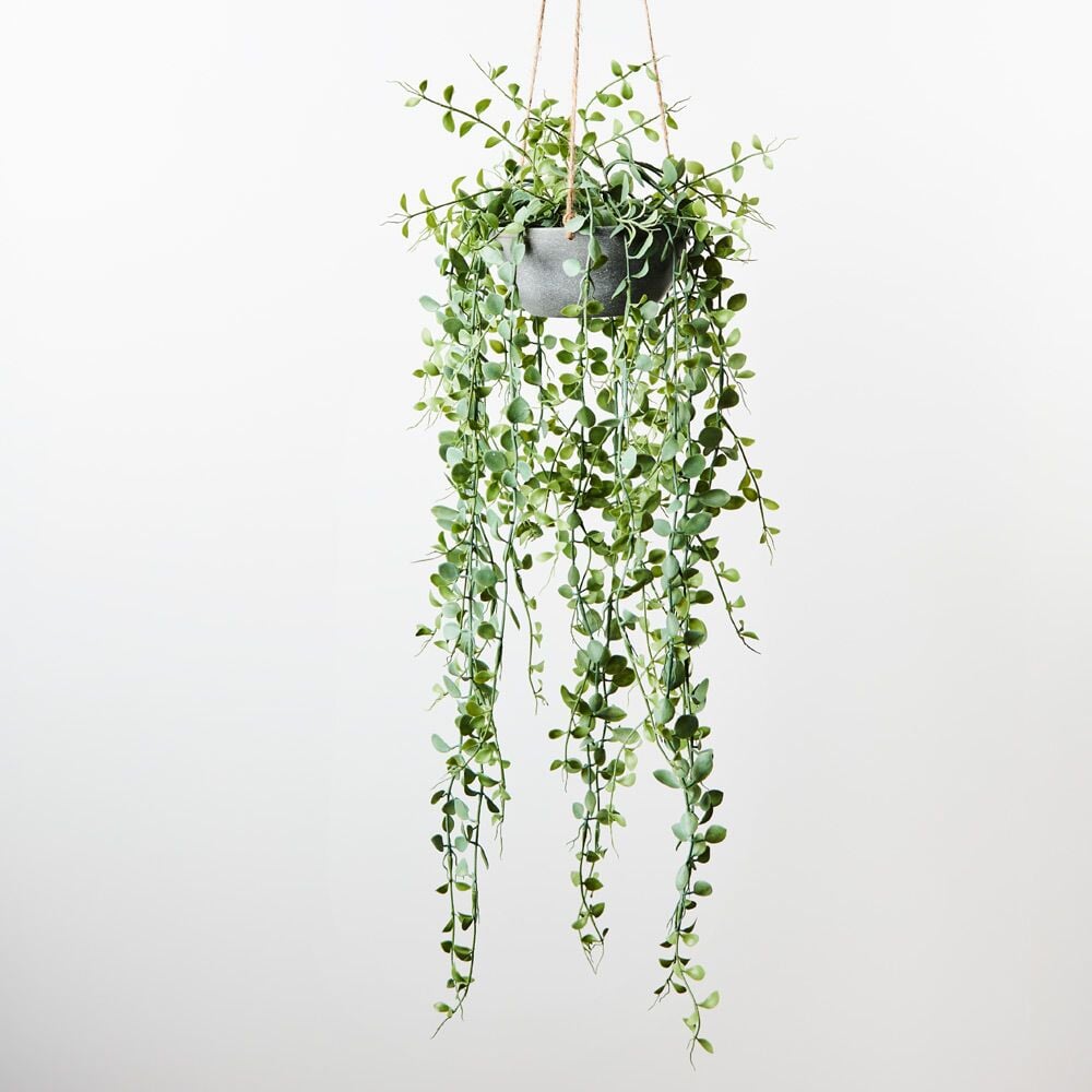 Artificial Flora Fern Button Hanging Bowl Grey 70cml x 25cmw