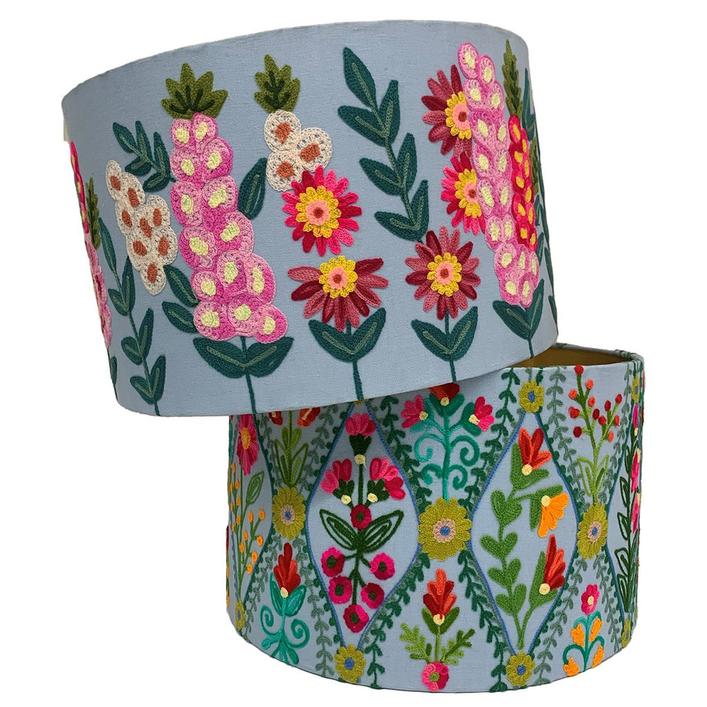Lamp Shades Drum Shade - Hollyhocks - Aqua Multicolour