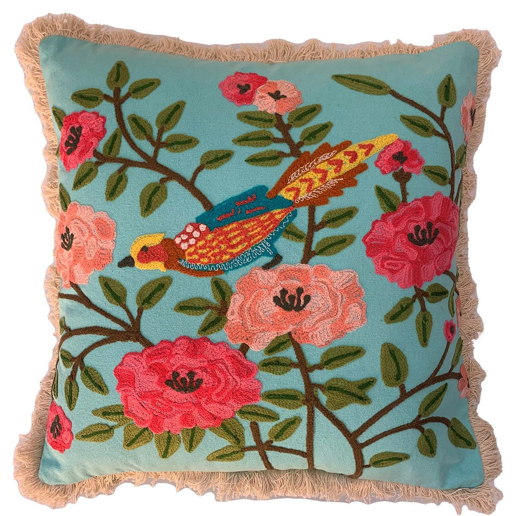 Throw Pillows Fringed Cushion - Summer Birds - Aqua