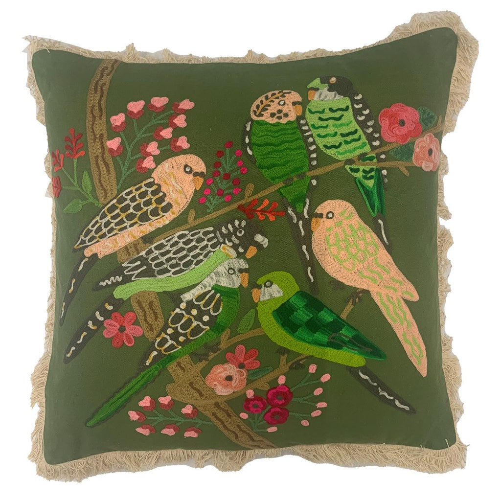 Throw Pillows Fringed Cushion - Summer Birds - Green