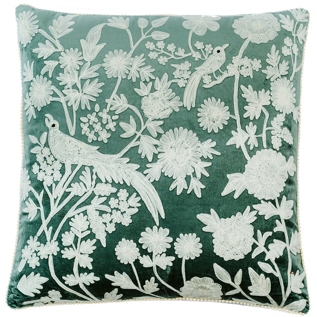 Chair & Sofa Cushions Peacock & Flowers Cushion - Moss Green/White 60X60CM