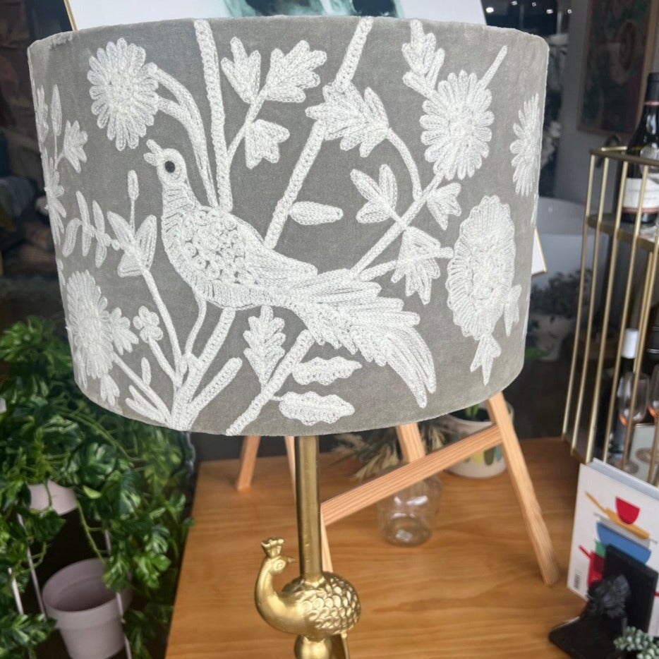 Lamp Shades Drum Lampshade Peacock & Flowers - Grey/White